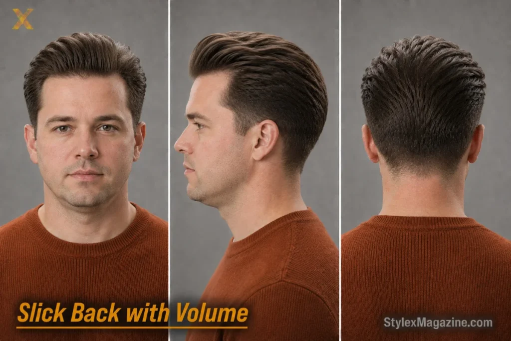 Slick back with volume on a white man with round face, lifted crown, volumising mousse, no mirror shine