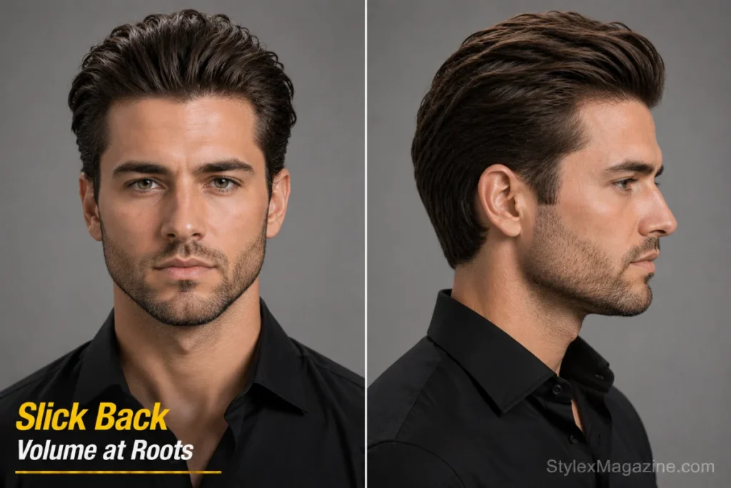 Slick back with volume at roots on triangle face showing lifted crown before backward sweep adding height