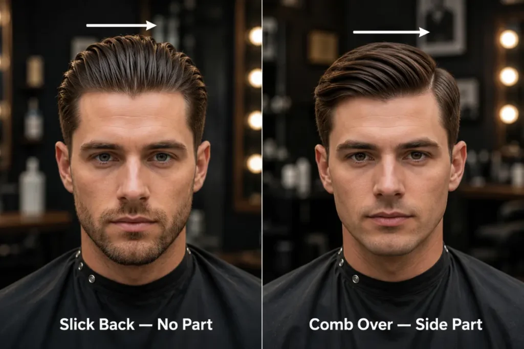 Slick back vs comb over comparison showing backward direction with no part versus lateral direction with side part