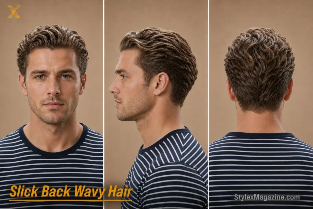 Slick back for wavy hair on a white man with oblong face, natural waves swept back with mousse, light taper