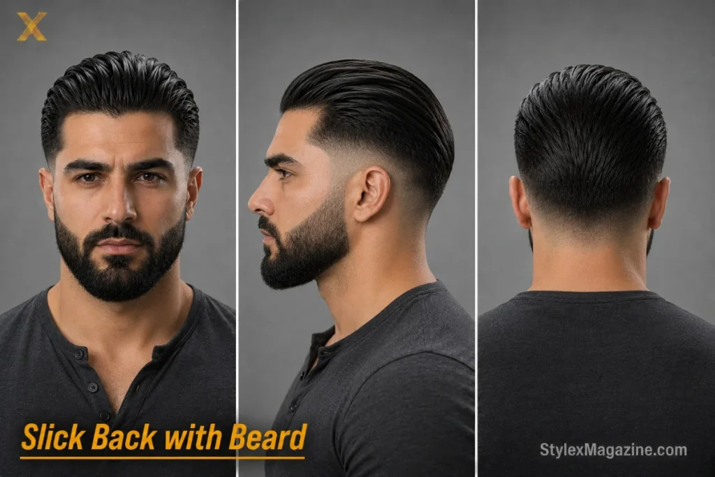 Slick back with full beard on a Middle Eastern man with diamond face, mid fade, sharp beard lines