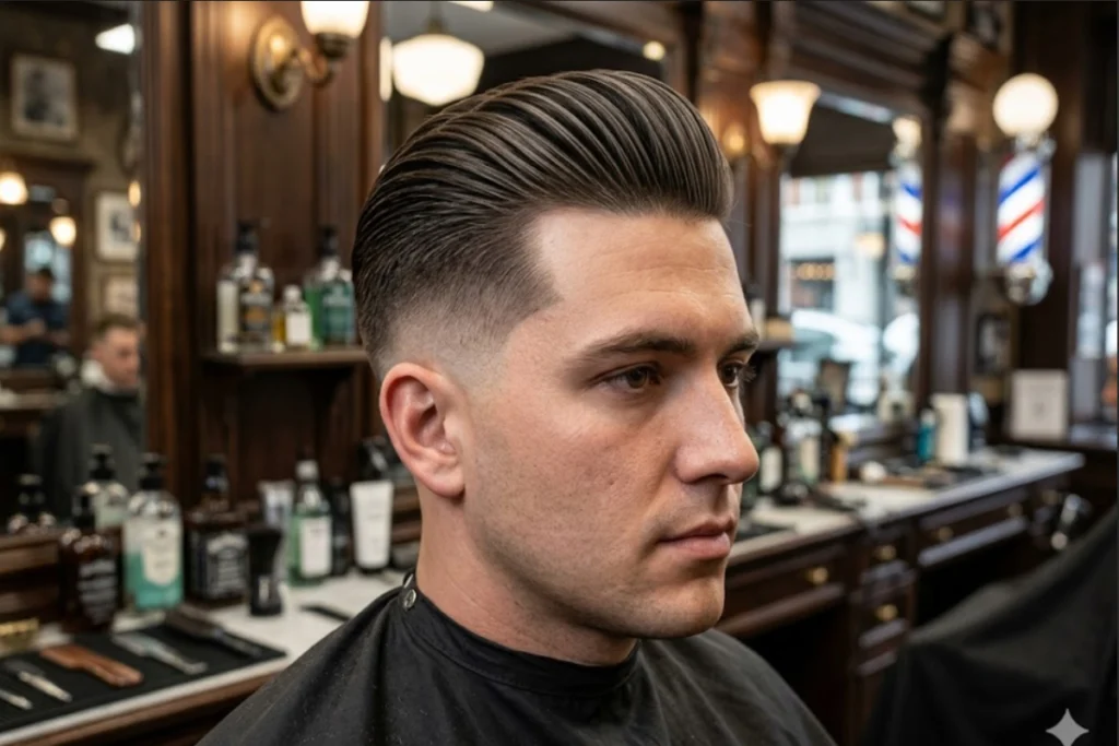 Slick back with fade showing backward swept top with faded sides creating modern contrast
