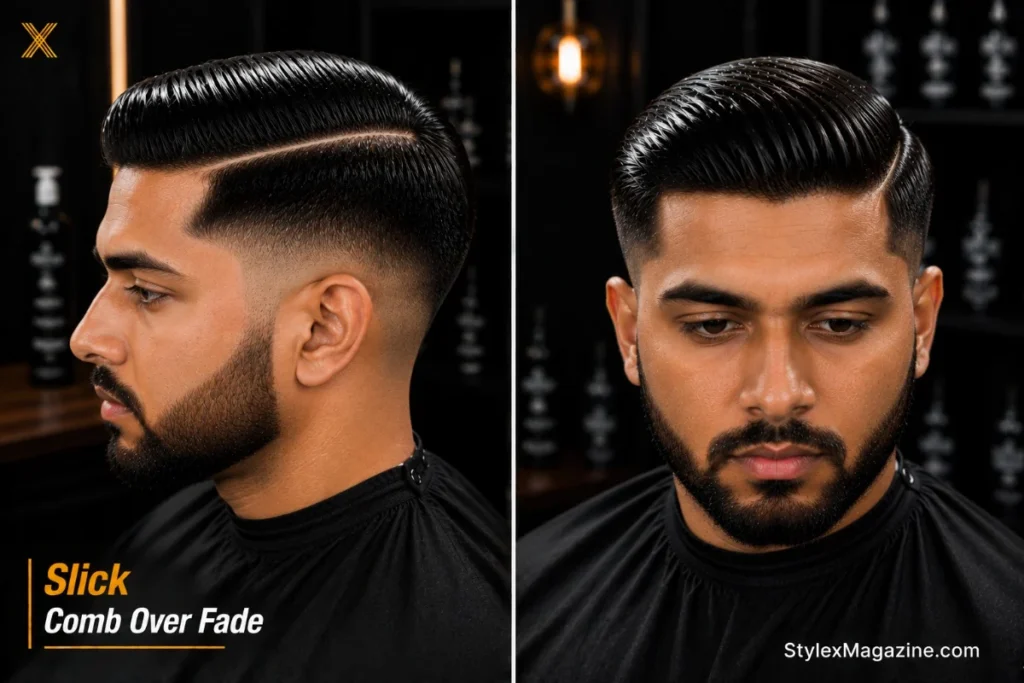 Slick comb over fade with high shine pomade showing every strand pressed flat with visible comb lines