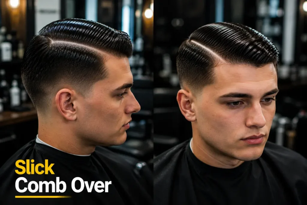 Slick comb over showing hair combed completely flat against scalp with high shine pomade finish and razor hard part line
