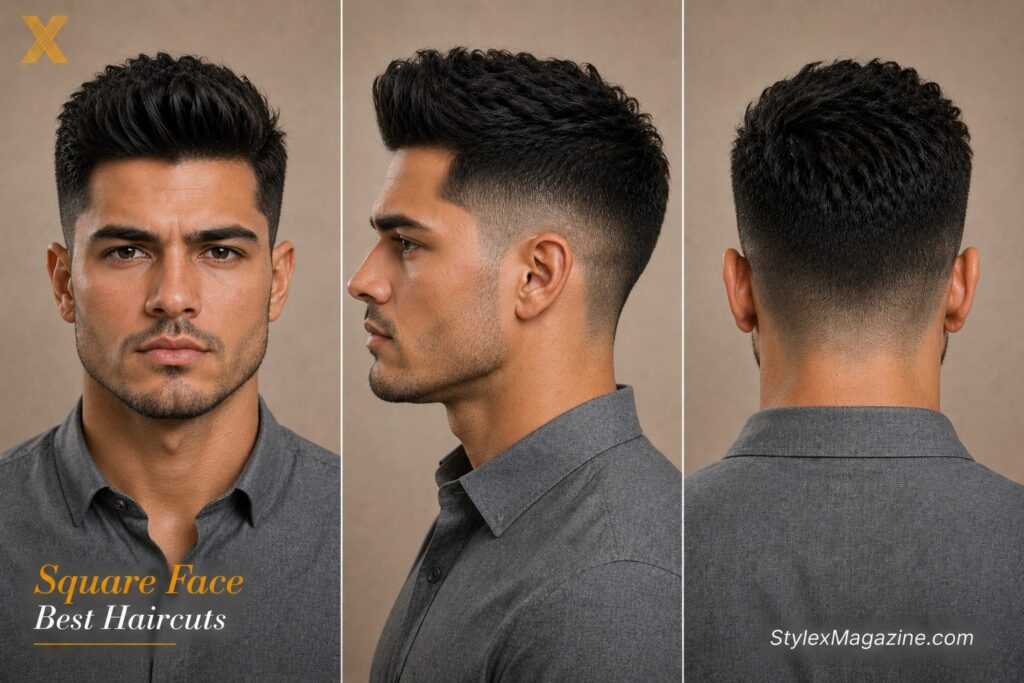 Square face shape haircut showing strong angular jaw with textured quiff softening the square proportions