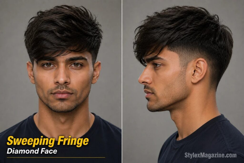 Sweeping fringe on diamond face showing soft layers swept to one side creating horizontal movement at forehead