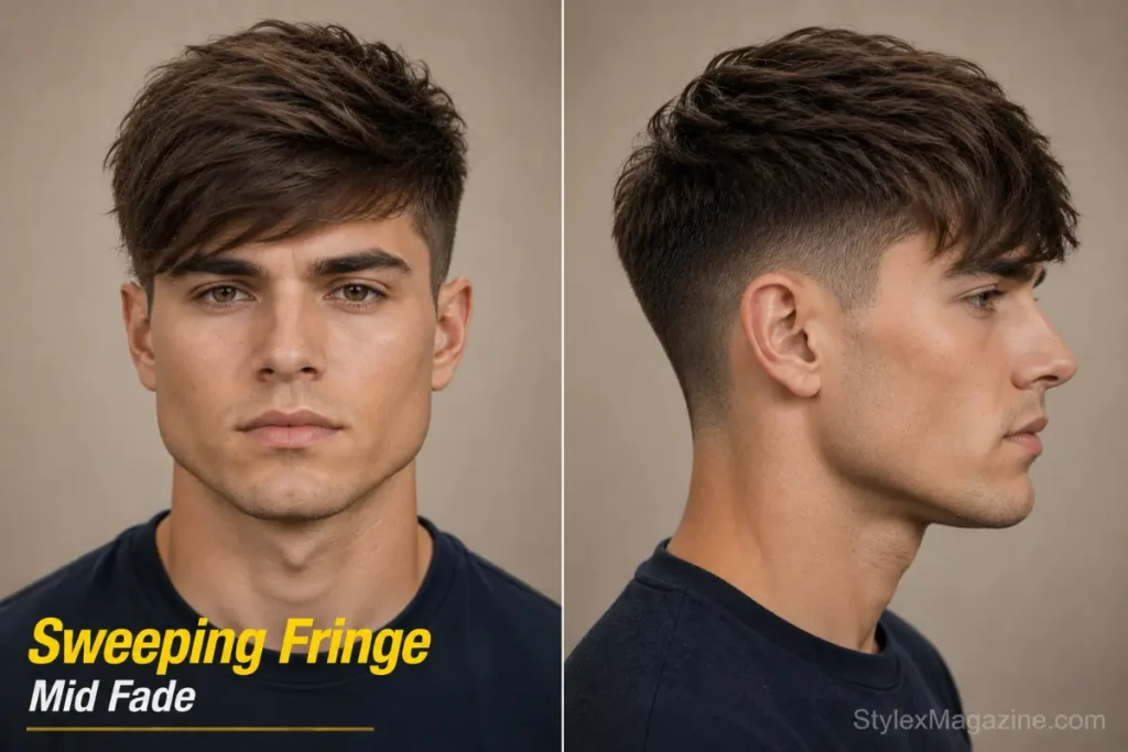 Sweeping fringe with mid fade on triangle face showing diagonal fringe adding width to narrow forehead