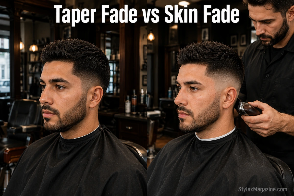 Taper fade vs skin fade featured image showing the difference between hair remaining at base versus bare skin at the neckline