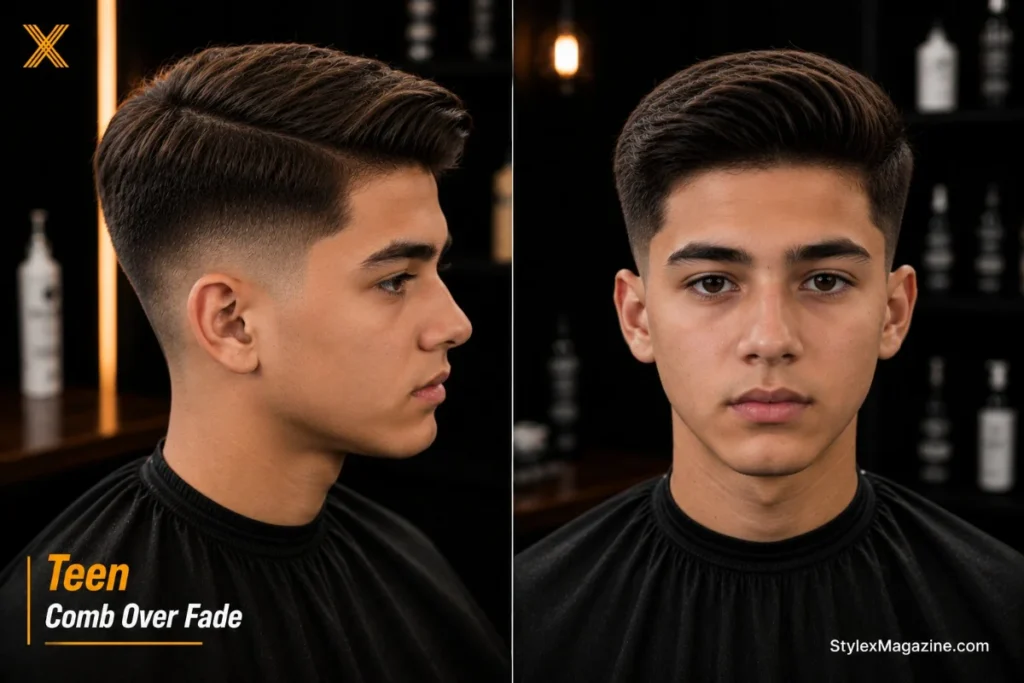 Teen comb over fade showing mid fade with natural side part appropriate for school and casual settings