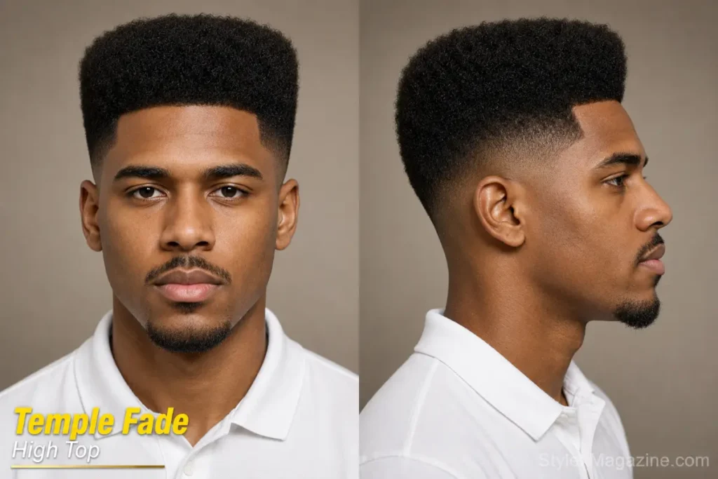  Temple fade with high top on heart face showing height above forehead with tight temple hairline fade