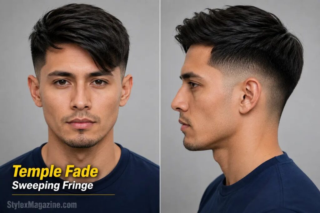 Temple fade with sweeping fringe on diamond face showing sharp hairline fade with fringe covering narrow forehead