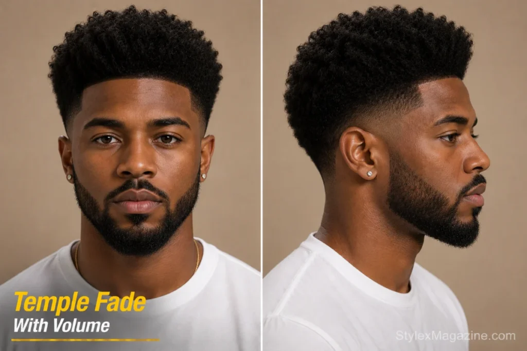 Temple fade with volume on triangle face showing tight temple hairline with fuller sides above and significant top volume