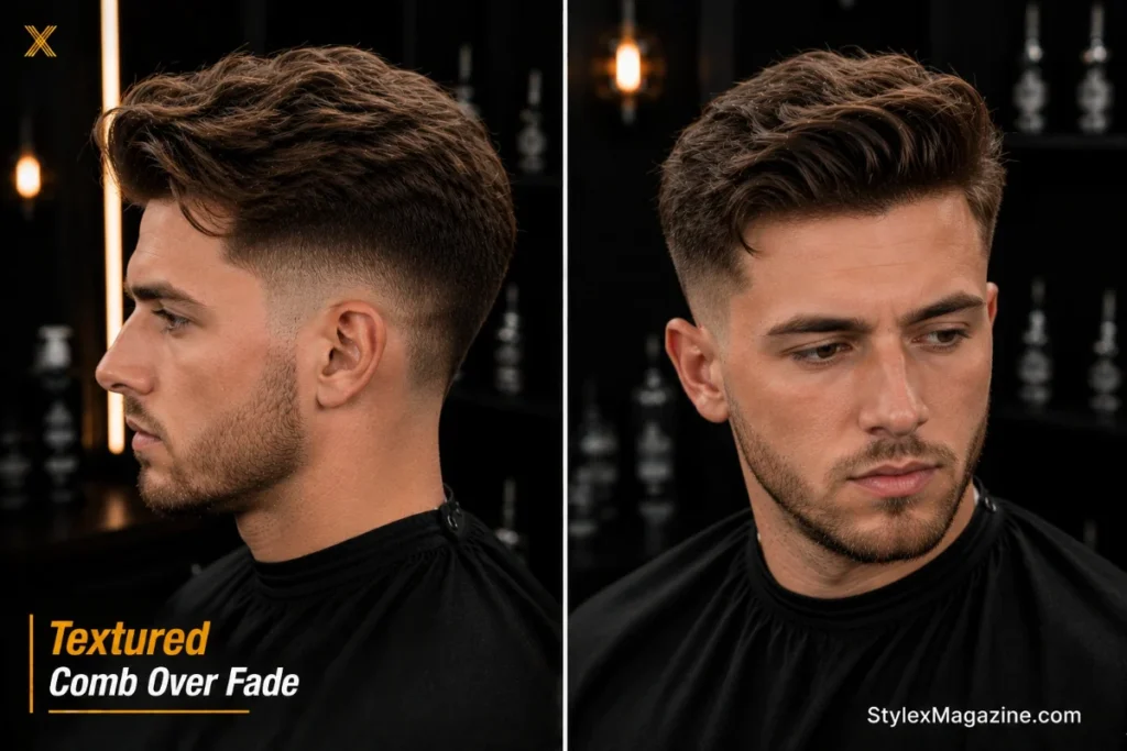 Textured comb over fade with matte clay finish showing choppy point-cut ends and movement