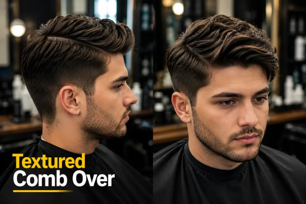 Textured modern comb over showing loose natural part with matte finish and visible texture movement on top versus flat classic version