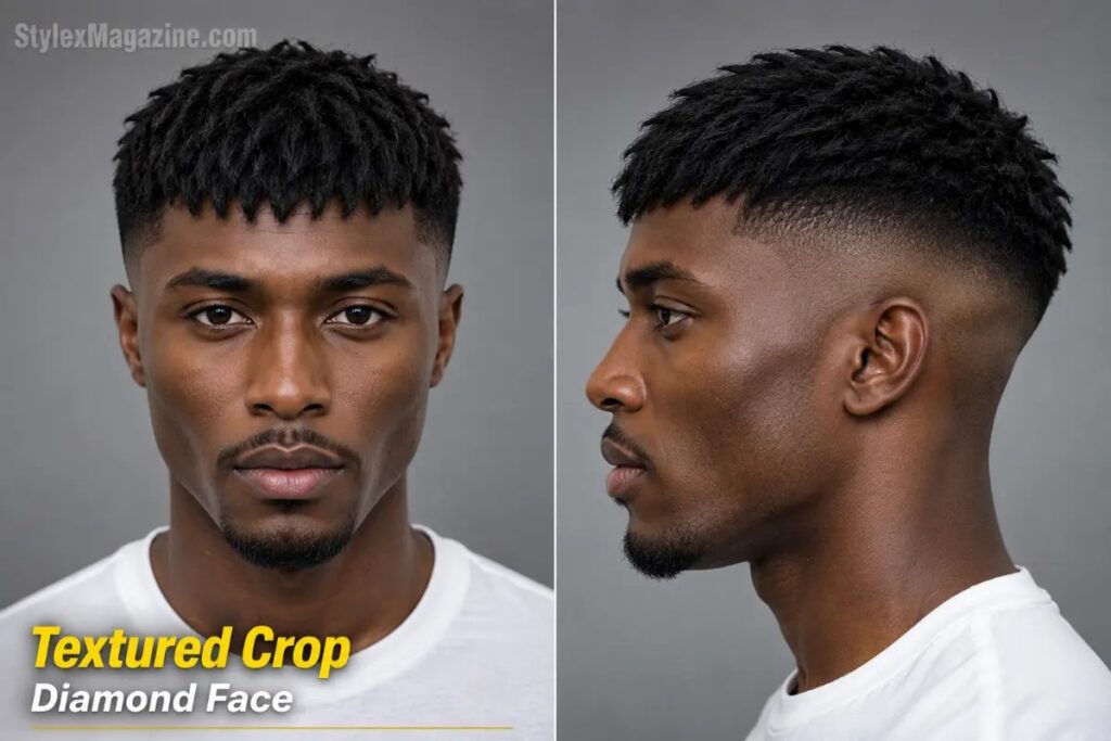 Textured crop on diamond face shape showing choppy fringe adding width to narrow forehead with mid fade sides