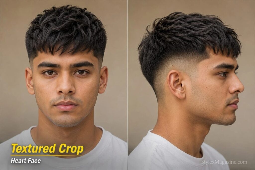 Textured crop on heart face shape showing choppy forward fringe reducing forehead width with mid fade