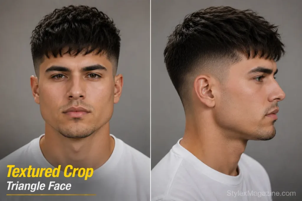 Textured crop on triangle face shape showing forward fringe adding forehead width with choppy matte texture