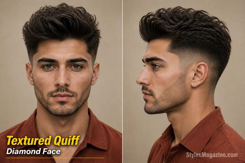 Textured quiff on diamond face showing matte clay finish with natural movement different from polished pompadour