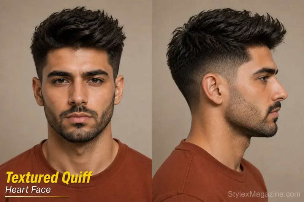 Textured quiff on heart face showing matte clay finish with defined texture different from messy quiff