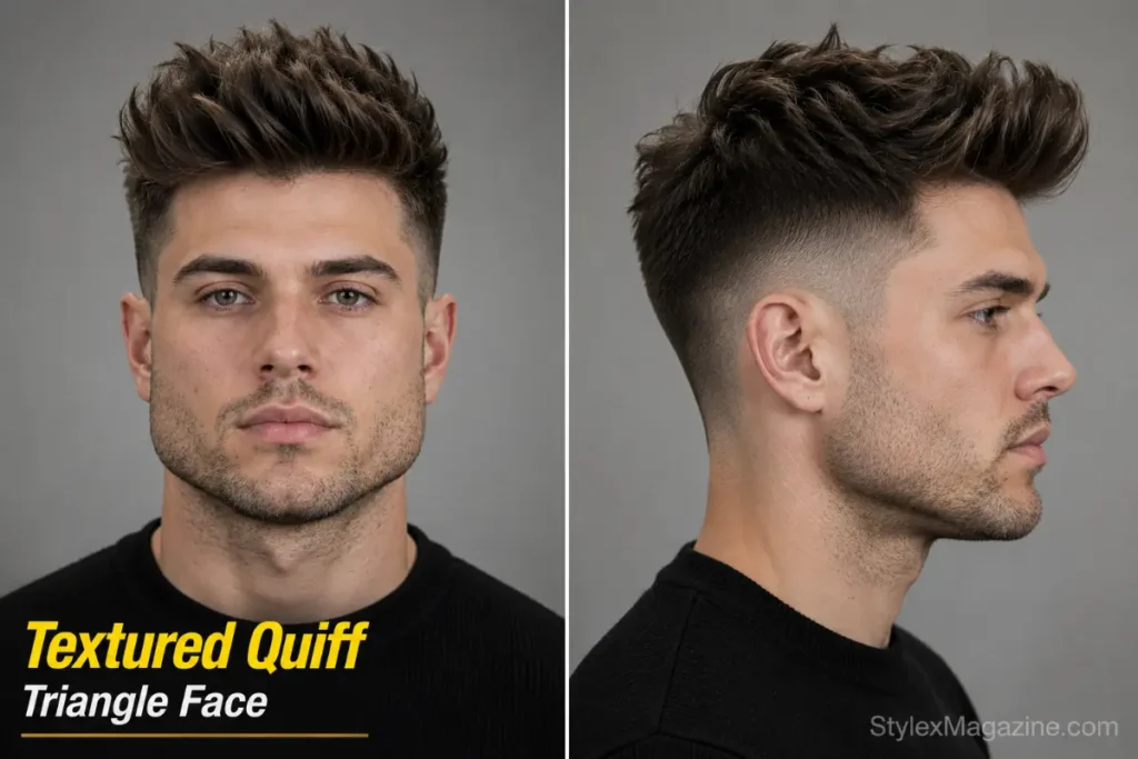 Textured quiff on triangle face shape showing upward forward volume at crown counterbalancing wide jaw