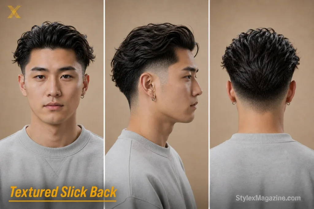 Textured slick back on an East Asian man with oval face, matte finish with natural movement and root volume