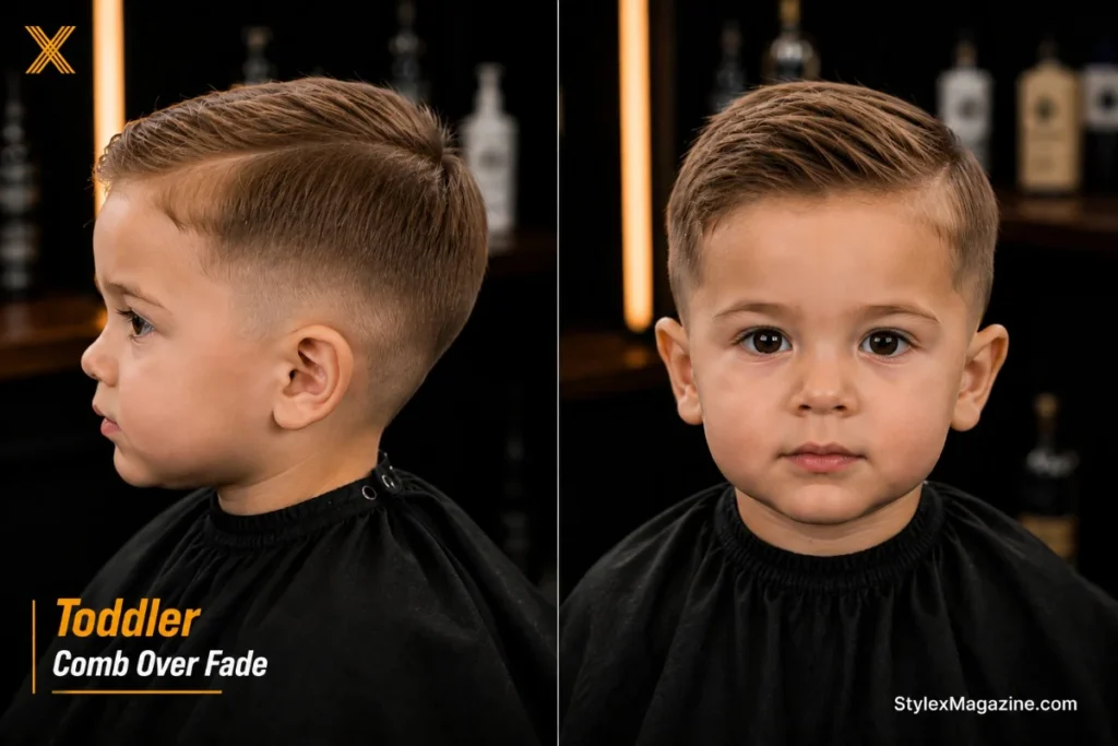 Toddler comb over fade showing low subtle fade with natural soft side part scaled to young child