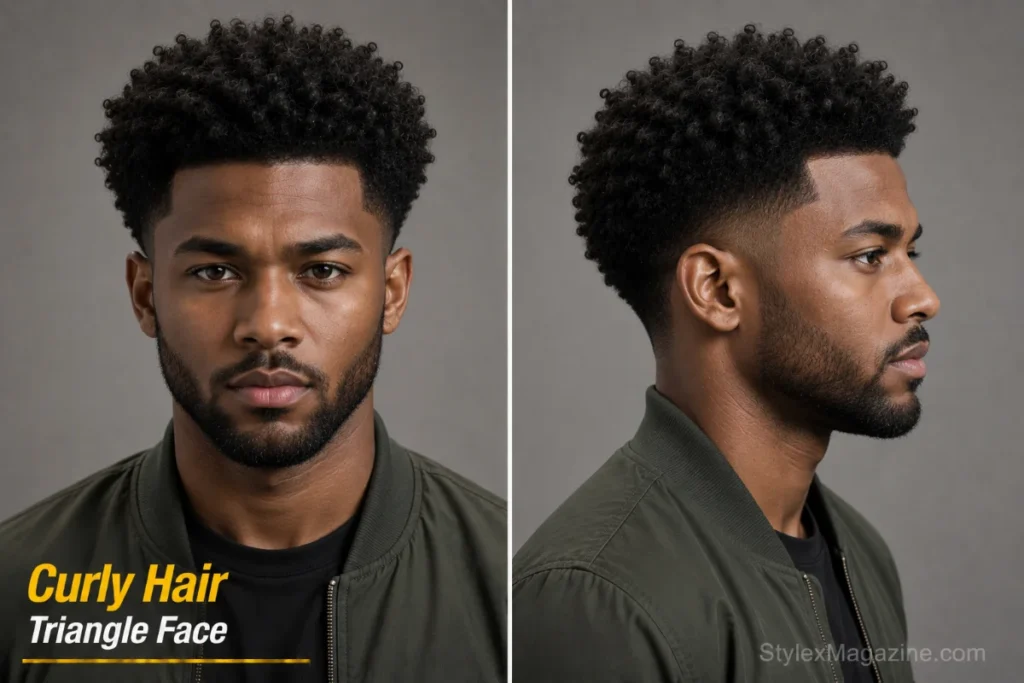 Black men triangle face shape with curly coily hair showing natural volume at crown balancing wide jaw with low taper