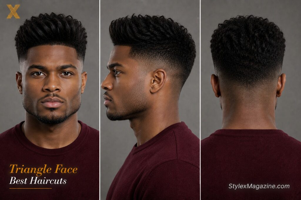 Triangle face shape haircut showing wider jaw and narrower forehead balanced by quiff adding volume at top