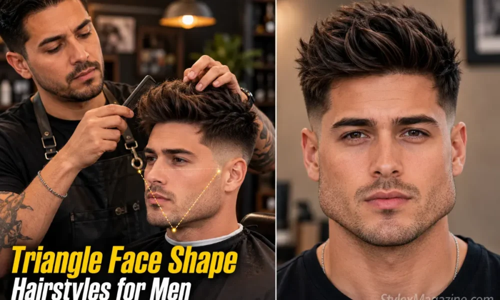 Triangle face shape hairstyles for men featured image showing barber finishing a textured quiff on a client with triangle face proportions