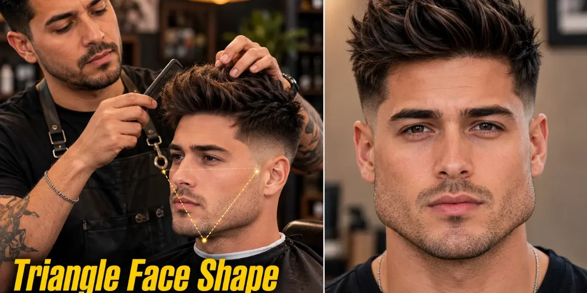 Triangle Face Shape Hairstyles For Men: 25 Best Styles Triangle face shape hairstyles for men featured image showing barber finishing a textured quiff on a client with triangle face proportions
