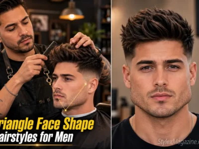 Triangle face shape hairstyles for men featured image showing barber finishing a textured quiff on a client with triangle face proportions