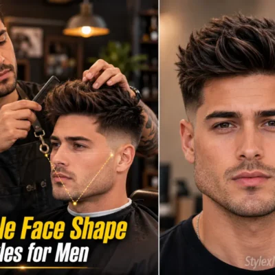 Triangle face shape hairstyles for men featured image showing barber finishing a textured quiff on a client with triangle face proportions