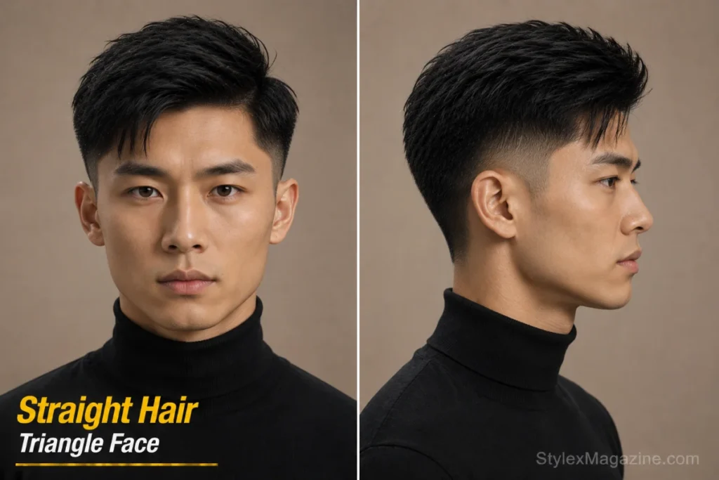 Triangle face shape with straight hair showing point cut texture preventing flat finish against wide jaw