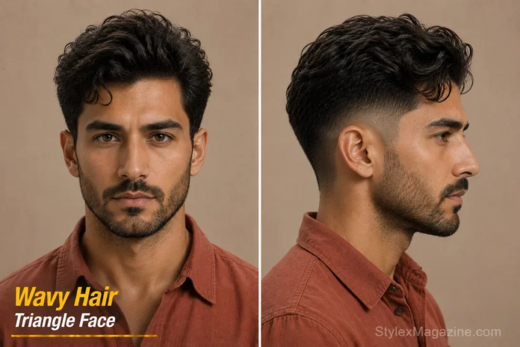 Triangle face shape with wavy hair showing natural wave adding crown volume and forehead movement without product