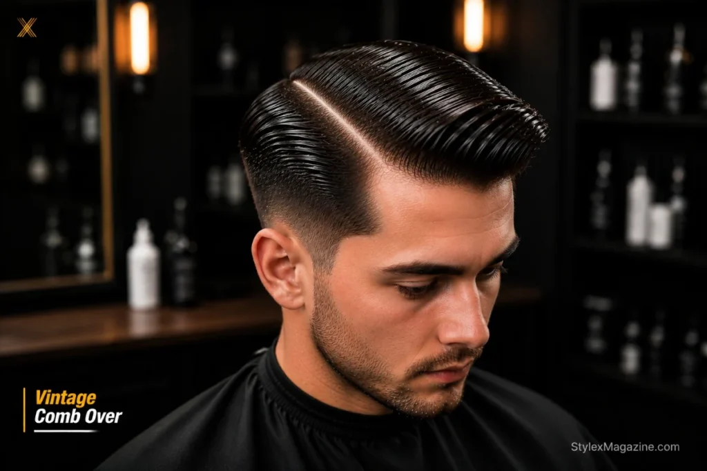 Vintage 1950s comb over with deep dramatic side part and parallel comb track lines in heavy pomade