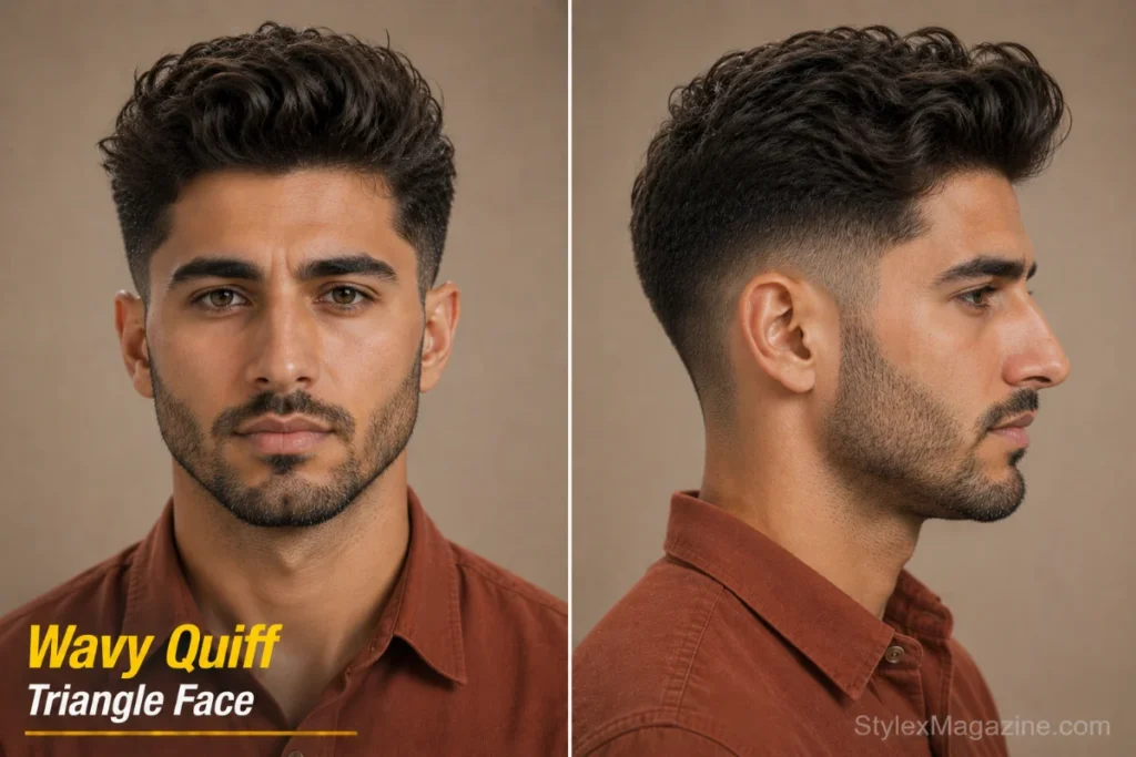 Wavy quiff on triangle face showing natural wave pattern replacing sculpted volume with lighter movement