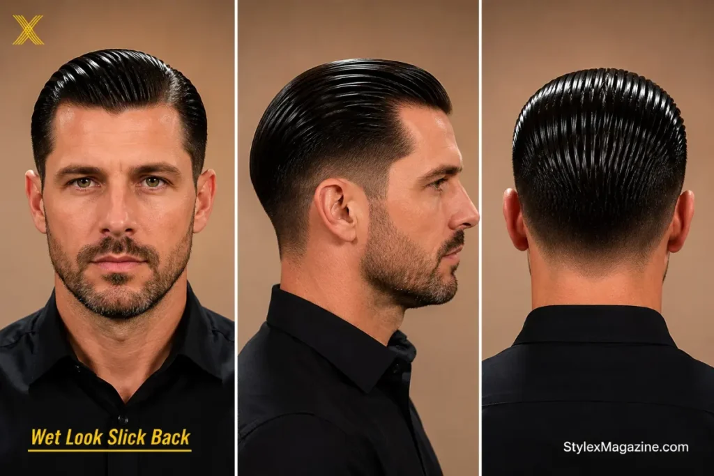 Wet look slick back achieved with water-based gel on a white man with square face, high-shine glassy finish