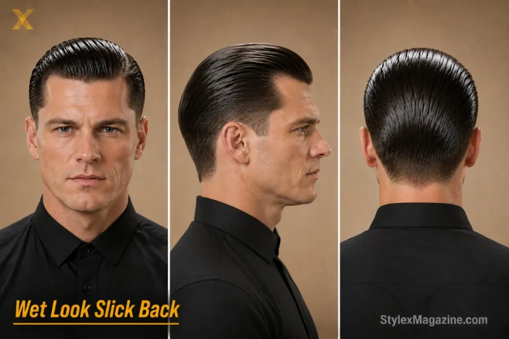 Wet look slick back on a white man with square face, high-shine gel finish, hair combed flat, formal attire