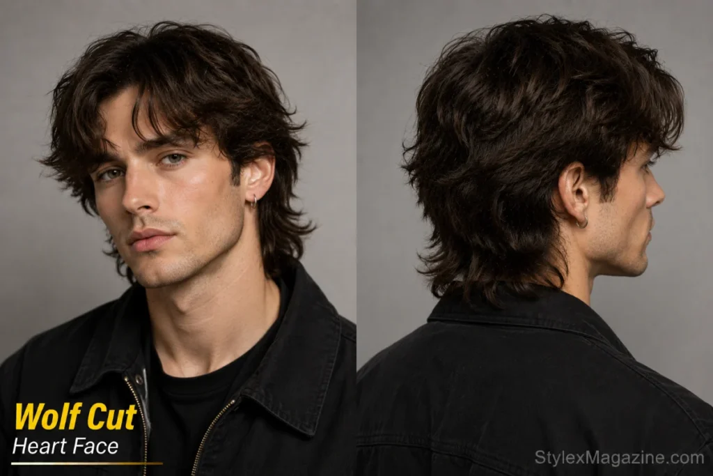 Wolf cut on heart face showing layered top with longer back layers adding jaw width and face framing