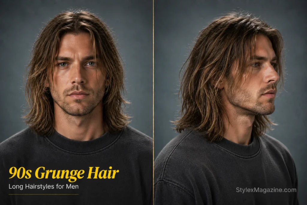 90s grunge hairstyle for men featuring shoulder-length hair with shattered layers, matte texture, and an undone part.