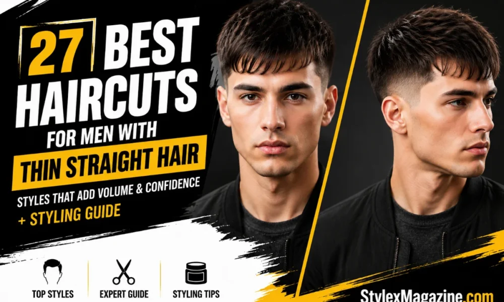 27 best haircuts for men with thin straight hair featuring modern textured hairstyles, volume-enhancing cuts, and styling inspiration in a premium StylexMagazine editorial design