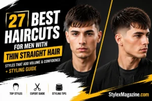 27 Best Haircuts For Men With Thin Straight Hair (2026) 27 best haircuts for men with thin straight hair featuring modern textured hairstyles, volume-enhancing cuts, and styling inspiration in a premium StylexMagazine editorial design
