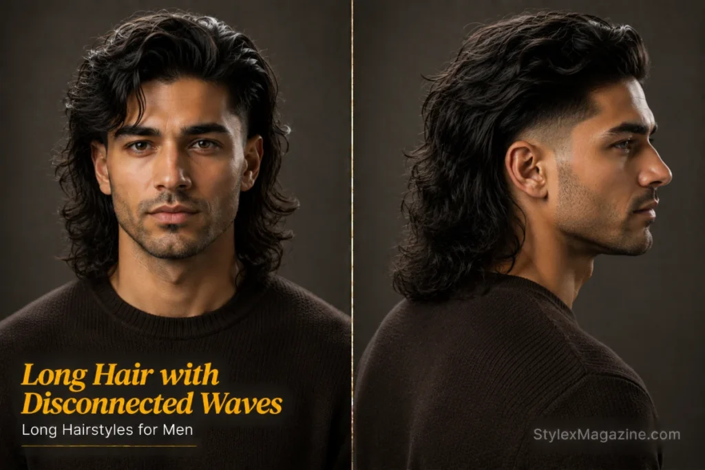 Long disconnected wavy hairstyle for men featuring textured waves above disconnected faded sides with natural movement.
