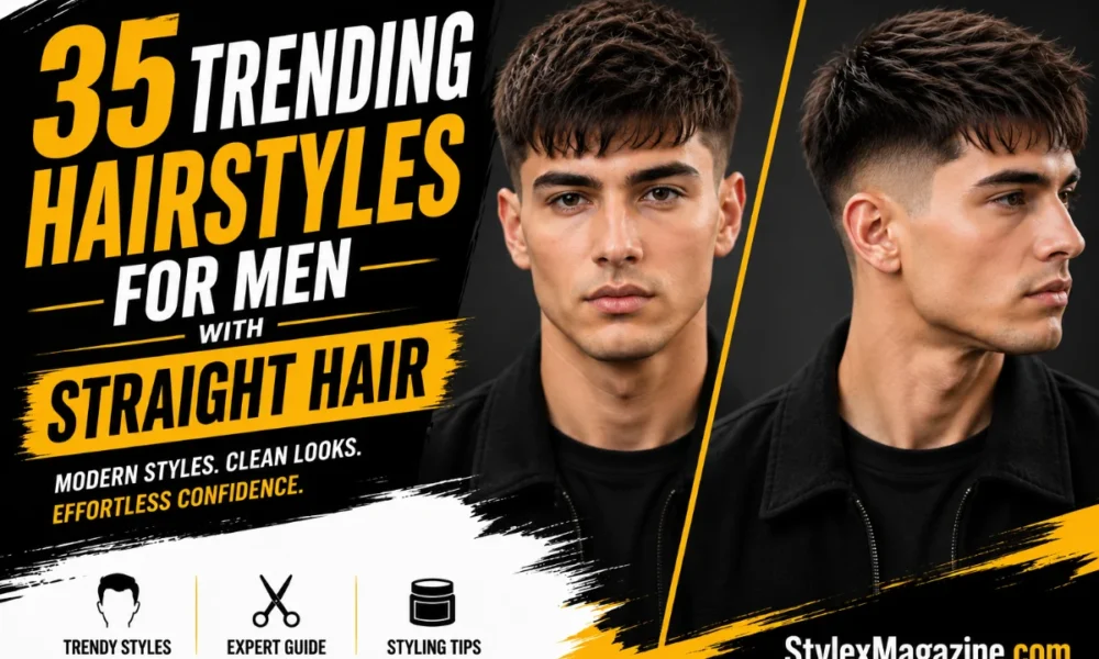 Trending hairstyles for men with straight hair featured image showing a young man with textured straight hair in front and side views, highlighting modern haircut styles with StylexMagazine.com branding.