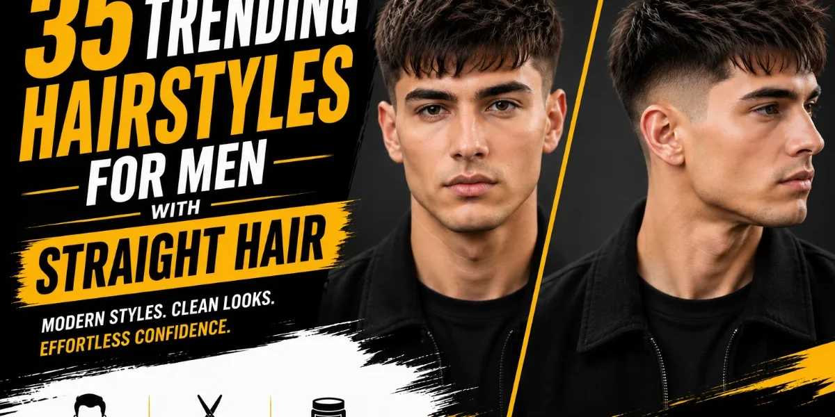 35 Trending Hairstyles for Men with Straight Hair in 2026 Trending hairstyles for men with straight hair featured image showing a young man with textured straight hair in front and side views, highlighting modern haircut styles with StylexMagazine.com branding.