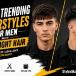 Trending hairstyles for men with straight hair featured image showing a young man with textured straight hair in front and side views, highlighting modern haircut styles with StylexMagazine.com branding.