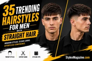 35 Trending Hairstyles for Men with Straight Hair in 2026 Trending hairstyles for men with straight hair featured image showing a young man with textured straight hair in front and side views, highlighting modern haircut styles with StylexMagazine.com branding.