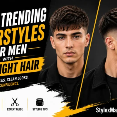 Trending hairstyles for men with straight hair featured image showing a young man with textured straight hair in front and side views, highlighting modern haircut styles with StylexMagazine.com branding.
