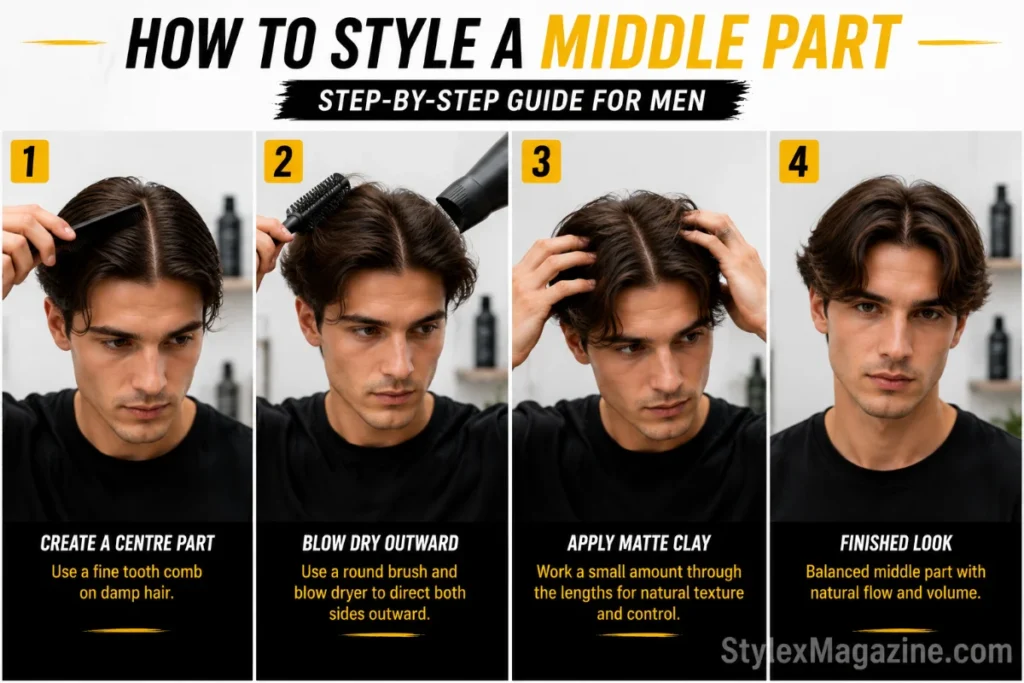 Modern middle part haircut for men with curtain hairstyle and natural volume