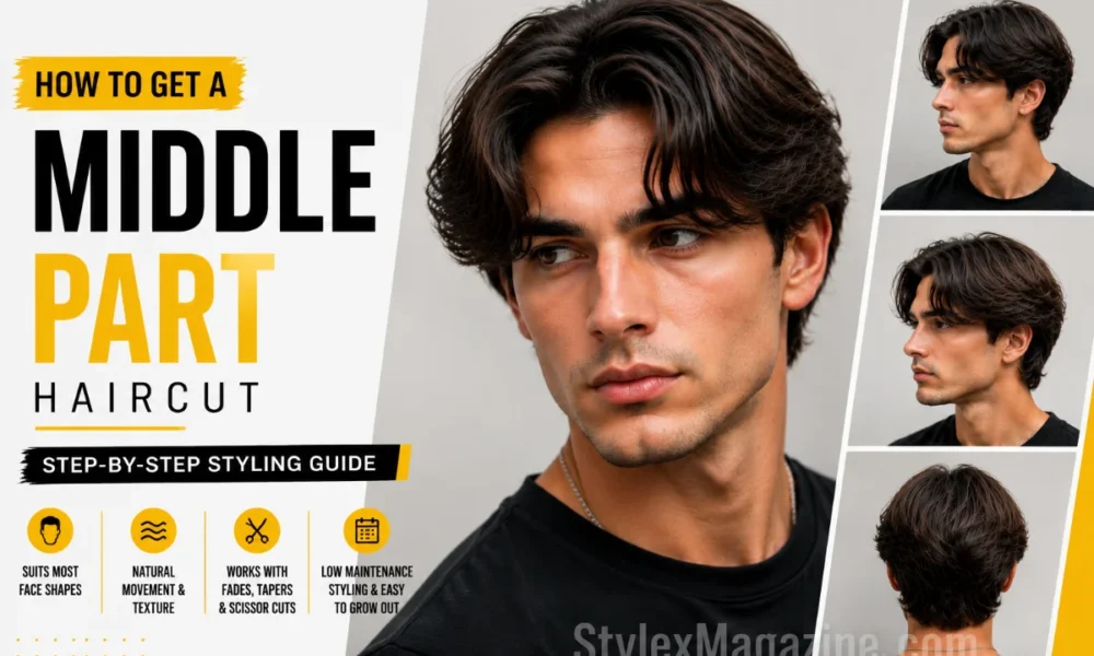 Modern middle part haircut for men with curtain hairstyle and natural volume